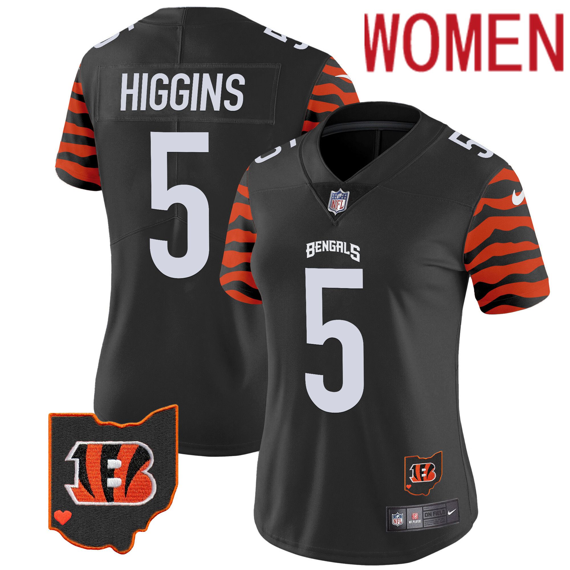 Women Cincinnati Bengals #5 Higgins Black 2024 Nike Stripes Vapor Limited NFL Jersey->women nfl jersey->Women Jersey